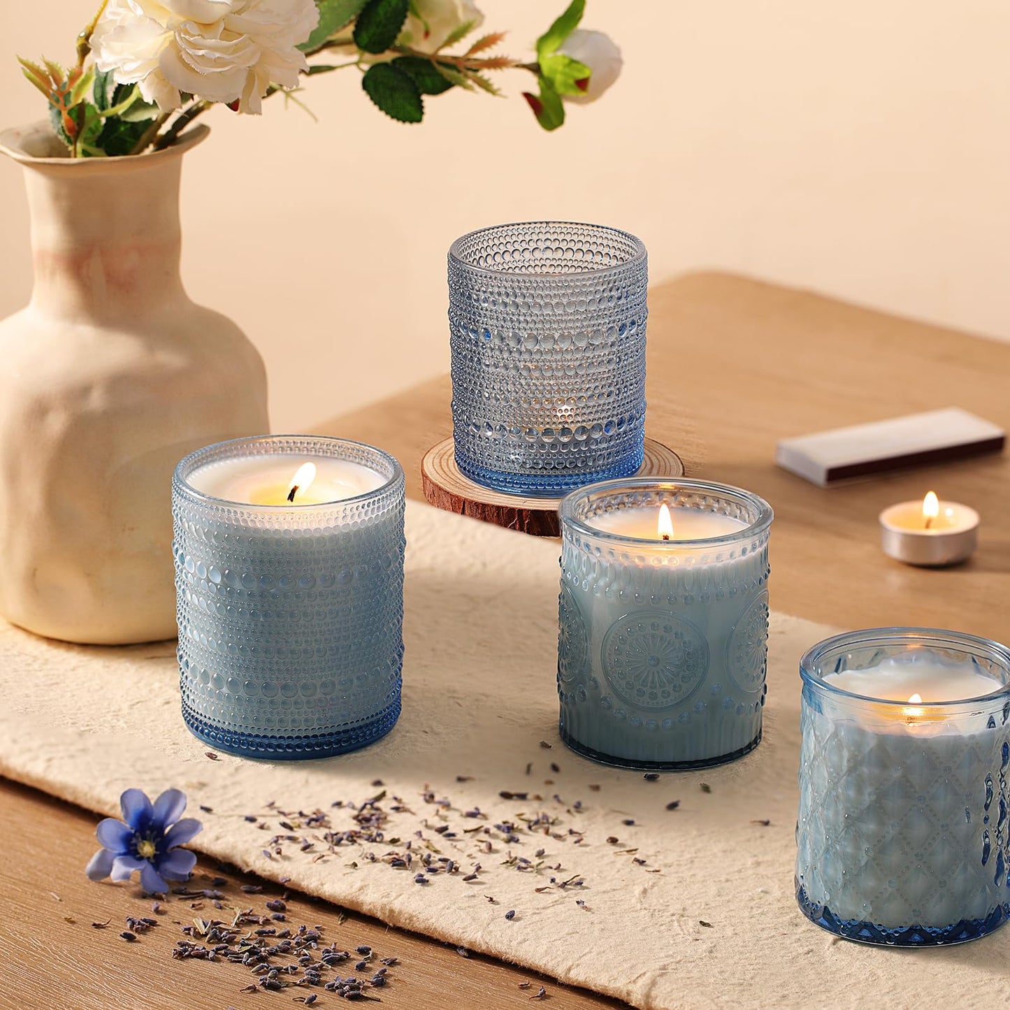 DARJEN 12 Pack Blue Candle Jars for Making Candles- 3 Styles Glass Candle Making Jars Bulk with Bamboo Lids and Labels, Candle Making Supplies Candle Vessels for DIY Gifts