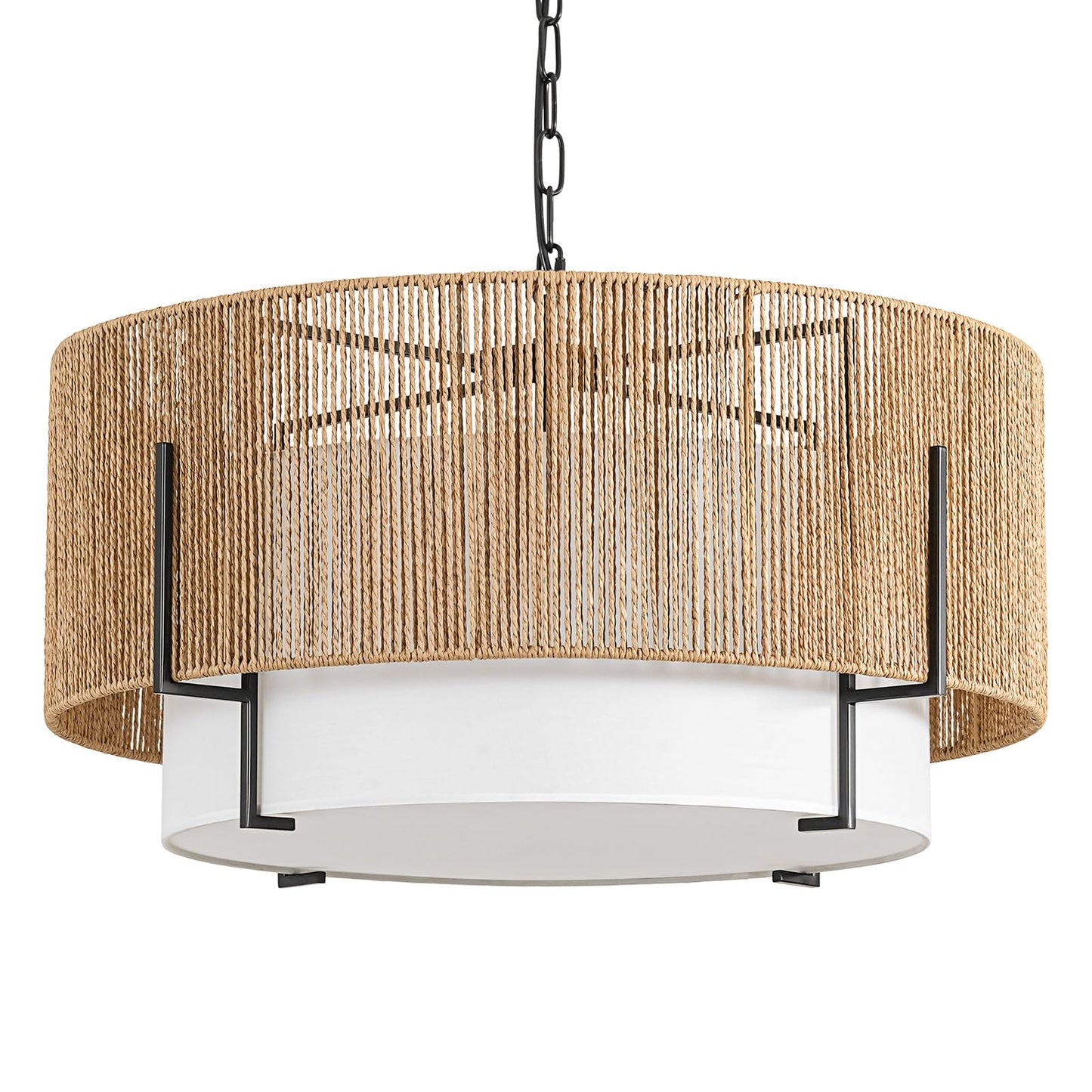 25.6" Large Rattan Chandelier, 6-Light Boho Pendant Light with Fabric Shade, Farmhouse Rattan Hanging Ceiling Light Fixture for Dining Room, Living Room, Kitchen Island, Bedroom, Hallway, Foyer