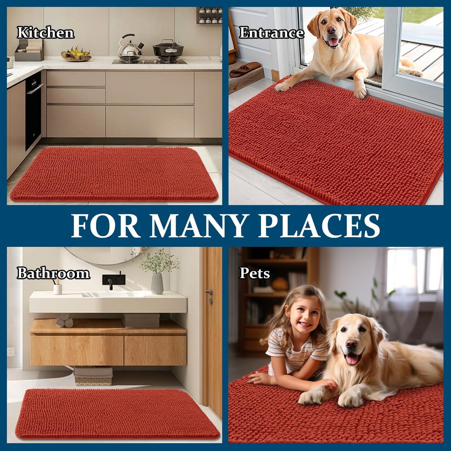 OLANLY Dog Door Mat - Absorbent Non-Slip Chenille Mat for Muddy Paws | 50x30, Quick Dry, Maple Red