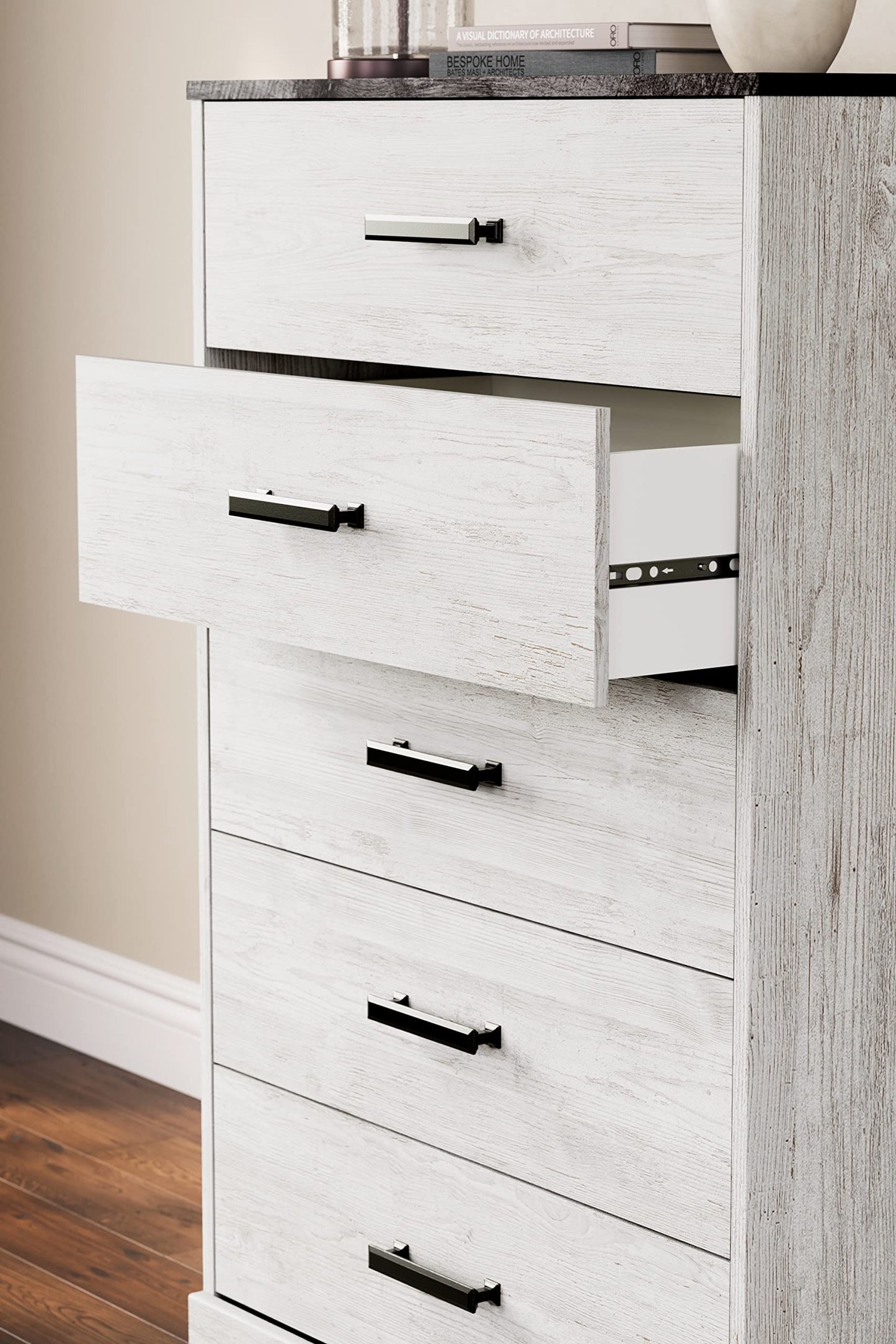 Signature Design by Ashley Shawburn Rustic 5 Drawer Chest of Smooth-Gliding Drawers and Safety Stop, White & Gray