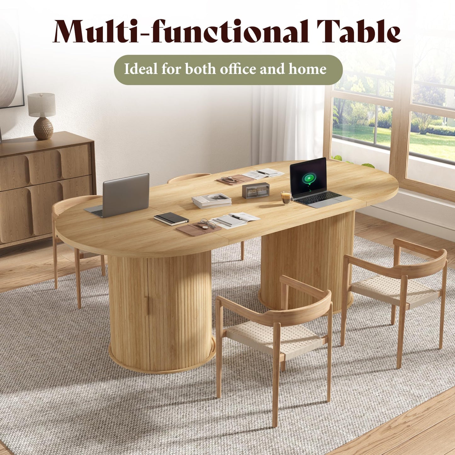 AMERLIFE 86.6" Modern Oval Dining Table with Hidden Storage, Extra Long Wooden Dining Room Table with Cylindrical Fluted Base, Seats 6–8, Natural Wood
