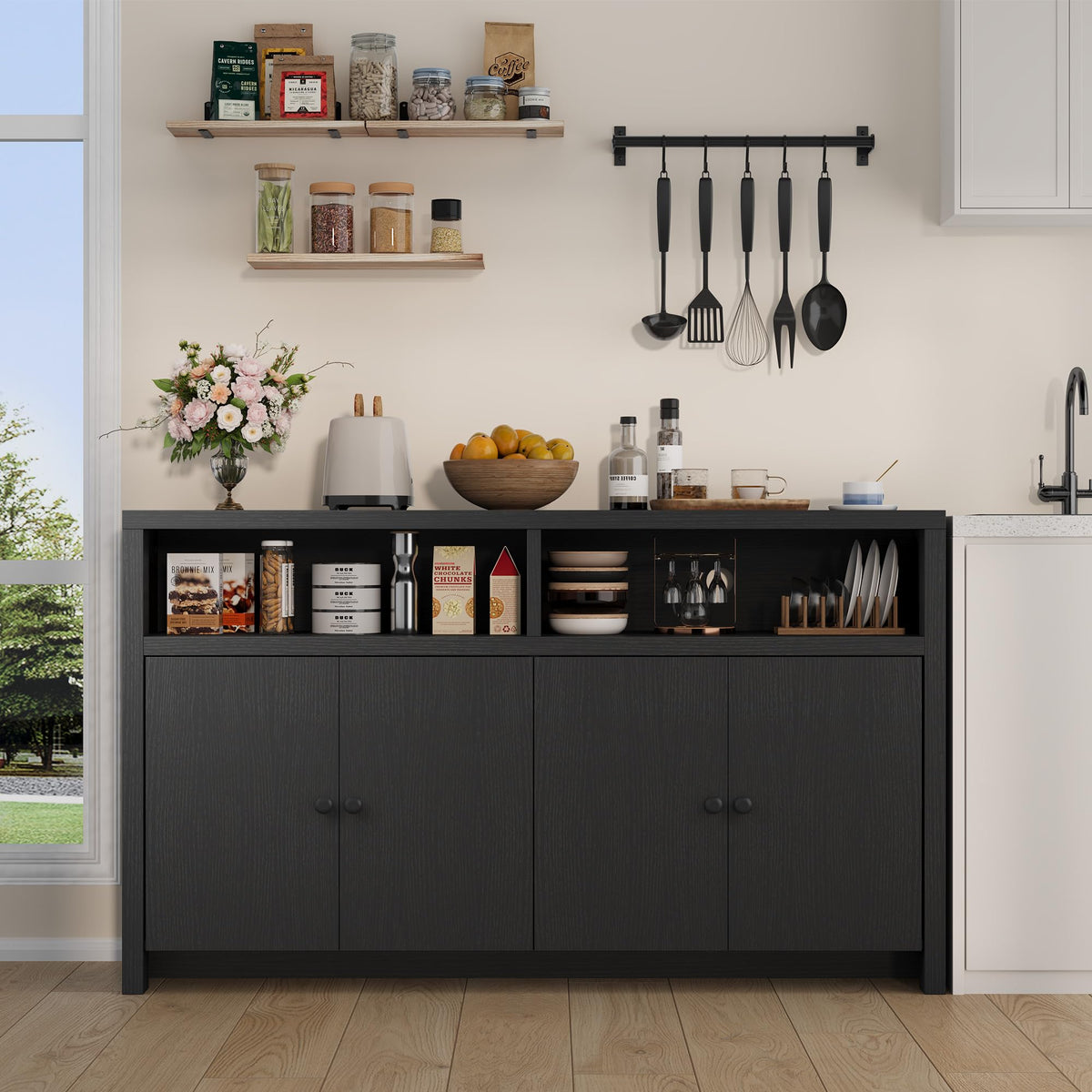 IDEALHOUSE Buffet Sideboard Cabinet with Storage, 55" Large Farmhouse Kitchen Storage Cabinet with 4 Doors & Adjustable Shelves, Wood Coffee Bar Cabinet for Kitchen, Dining Room, Living Room