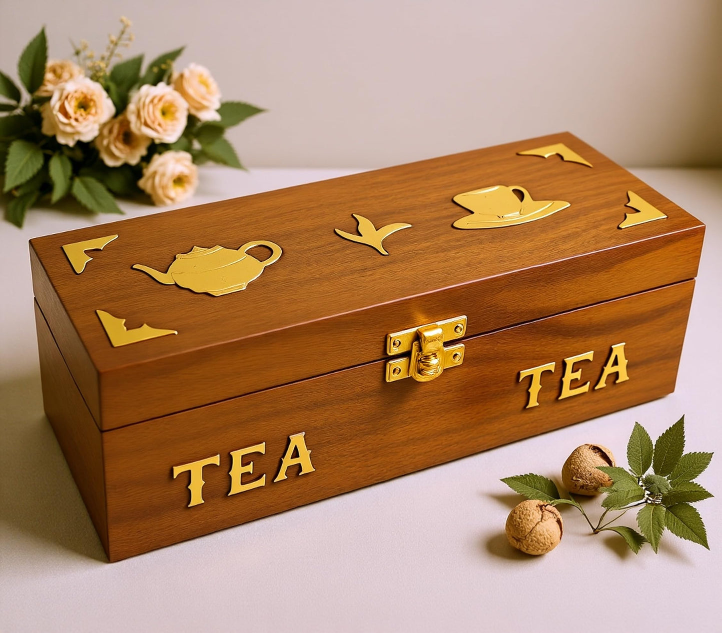 Handcrafted Rosewood Tea Box, 3-Compartment Tea Bag Organizer, Natural Wood Decorative Storage Chest with Brass Inlay, Artisan made in South Asia