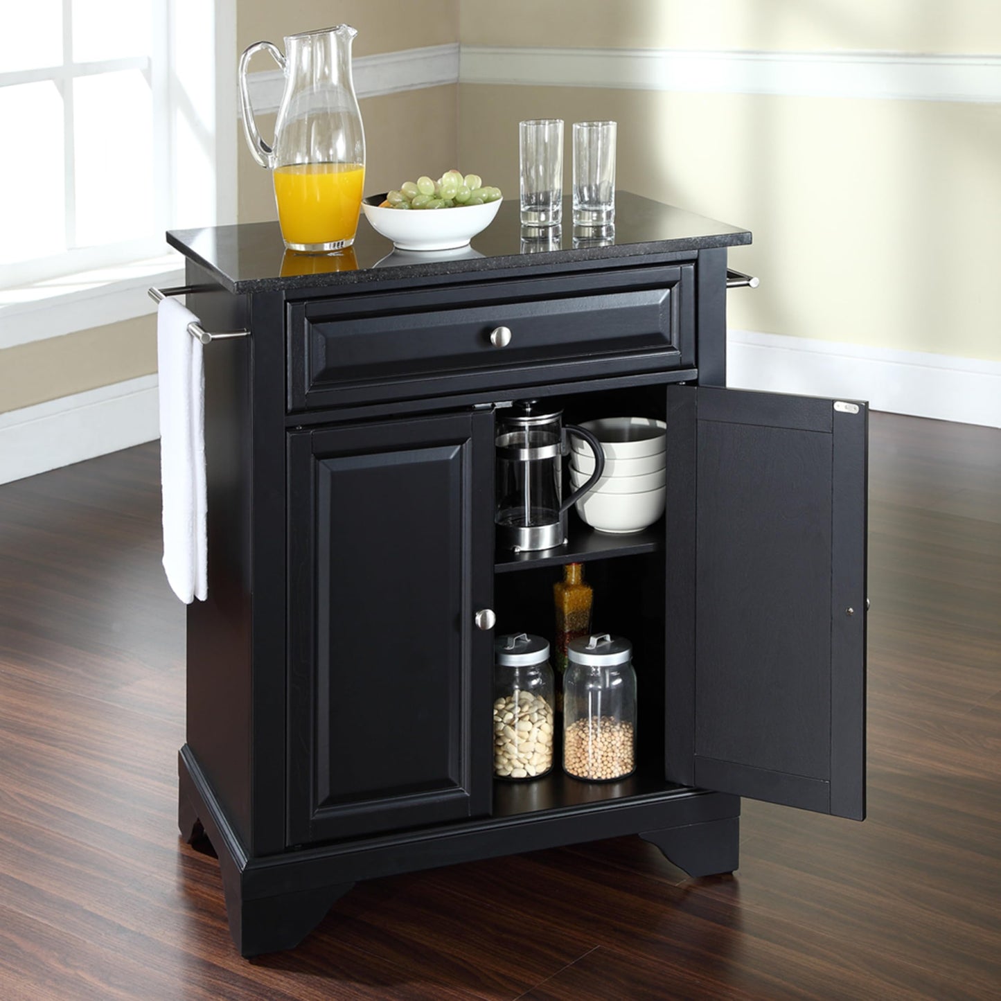 Crosley Furniture LaFayette Granite Top Small Portable Rolling Kitchen Island Storage Cart, Microwave Stand, Black