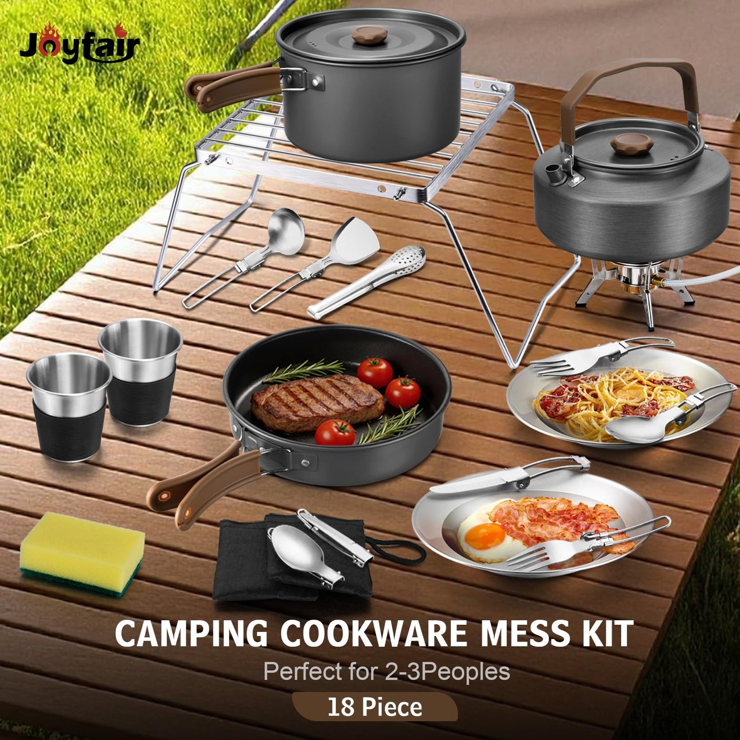 18Pcs Camping Cookware Mess Kit, Joyfair 7.8” Nonstick Camp Cooking Utensil Set (Pot, Pan, Kettle, Grill Grate), Outdoor Backpacking Gear Open Fire Essentials Accessories, Compact/Portable/Lightweight