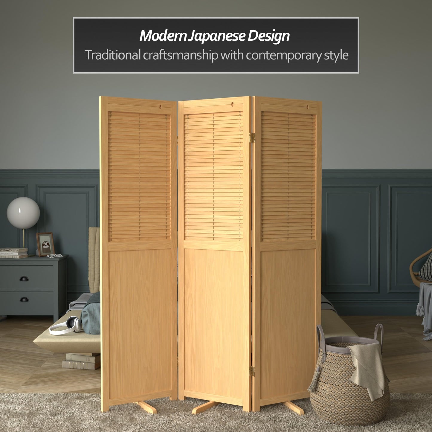 Red Lantern 6 ft. Tall Adjustable Shutter Room Divider Natural 3 Panel