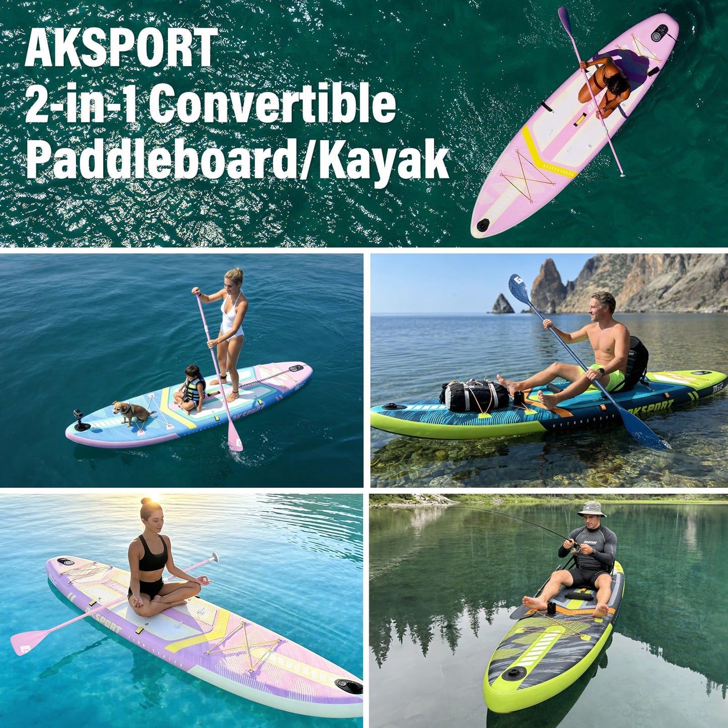 AKSPORT 11' Inflatable Stand-Up Paddle Board with Upgraded SUP Accessories Kit | Extra Wide 34" Design | Non-Slip Deck | Premium SUP Board for Adults & Youth of All Levels