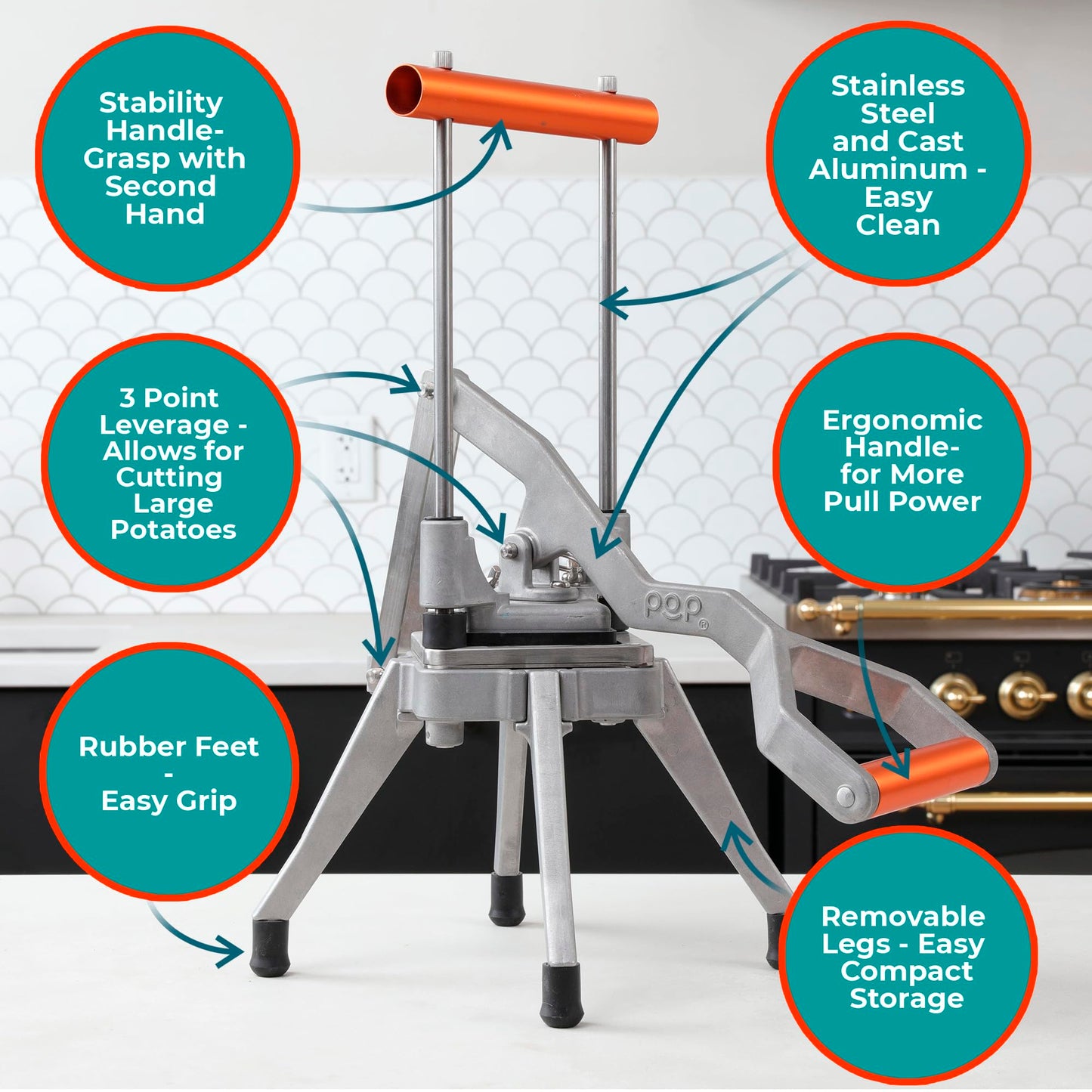 Commercial Grade French Fry Cutter, Sweet Potato & Yam Capable, Removable Legs and Case for Compact Storage, 3 Blade Sizes (1/4"- 3/8"- 6-Wedge), Potato, Fruit and Vegetable Slicer & Dicer by POP