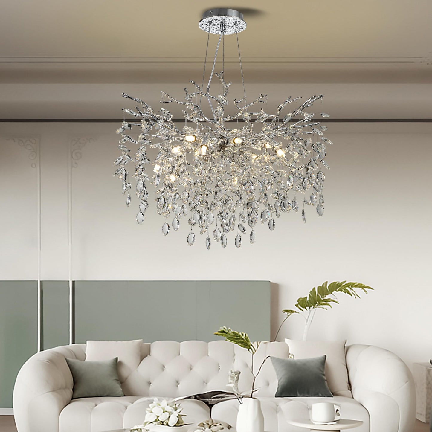 KVTOEP Modern Crystal Tree Branches Chandelier, 30in Silver 10 Lights Large Ceiling Hanging Light for Dining Room, Round Raindrop Pendant Light Fixture