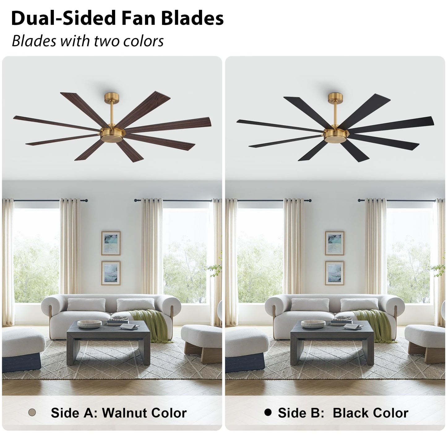 WINGBO 60" Ceiling Fan without Light, Modern Large Ceiling Fan with Remote Control, 6-Speed Reversible Noiseless DC Motor, Gold and Walnut/Black Blades for Living Room, Bedroom & Covered Outdoor