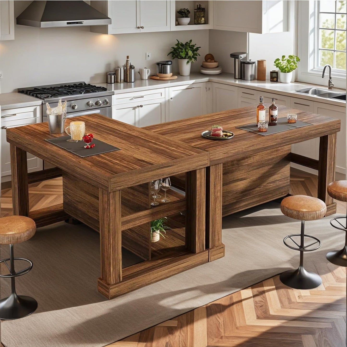 Tribesigns Kitchen Island with Storage, 55-Inch Farmhouse Stationary Island Table with Large Countertop, 3-Tier Wooden Center Bar Table for Kitchen, Dining Room, Dark Brown