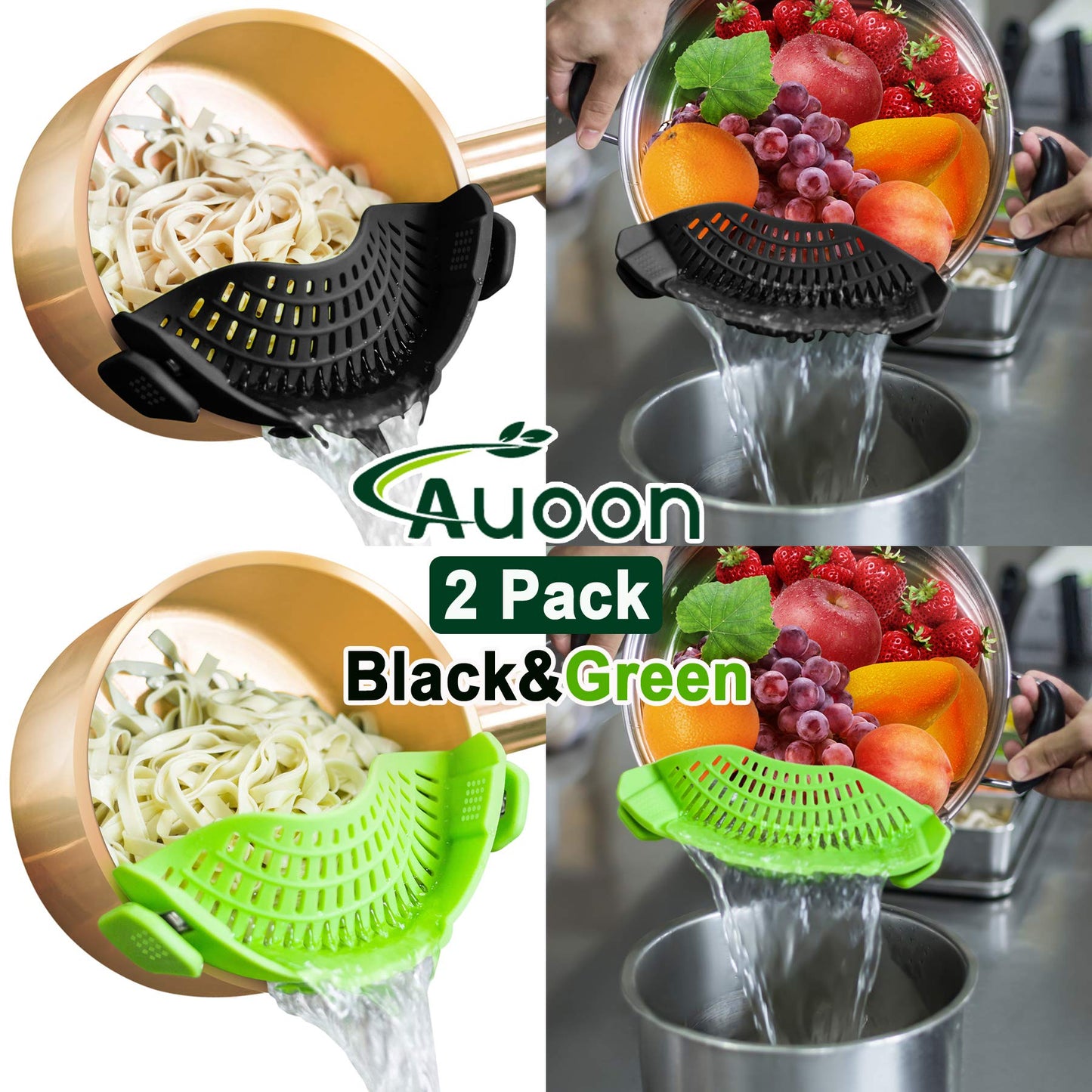 2PACK AUOON Clip on Strainer for All Pots Pans - Silicone Pasta Strainer Kitchen Colander for Draining Noodles Spaghetti Ground Beef Grease|Easy to Use and Store, Dishwasher Safe (BlackGreen)