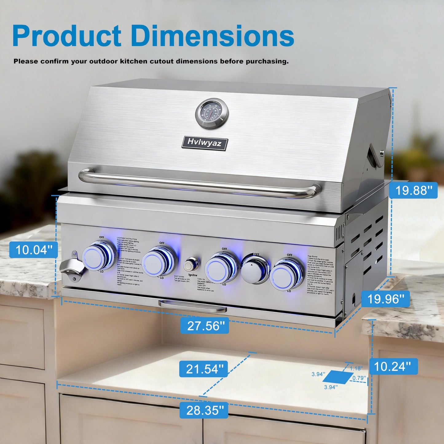 28-inch Built In Gas Grill Outdoor, 4Burner Propane Grill with Rear Burner 48,000BTU, Built-in BBQ Grill Stainless Steel, Charcoal and Propane Gas Dual Fuel, with Rain Cover for Outdoor Kitchen Island