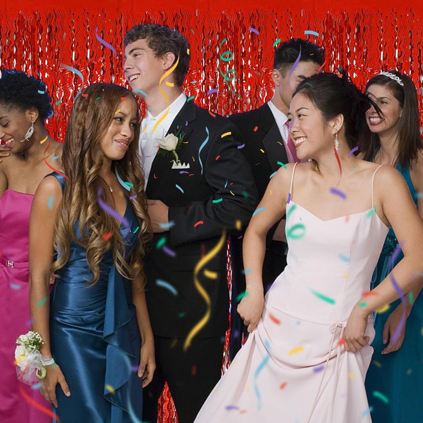 Red Tinsel Foil Fringe Curtains - Sparkling Wavy Backdrop for Parties & Events | Photo Booth Decor