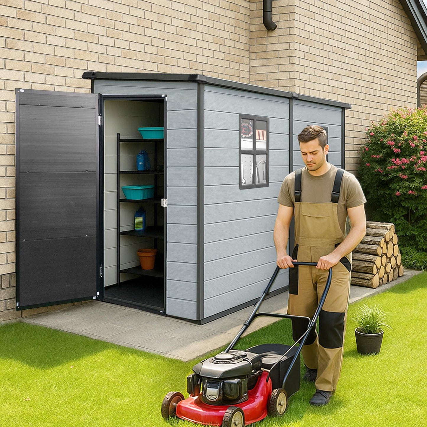 FammyLoft 4x8 FT Lean to Shed with Floor, Resin Storage Shed & Outdoor Storage Clearance with 2 Windows, Backyard Storage Sheds for Garden, Patio, Backyard, (Black+Grey)