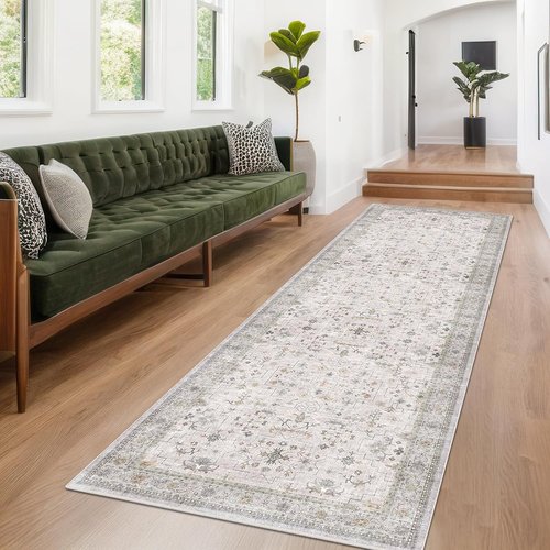Hazo Haus Light Gray Kitchen Rug - Modern Boho Floral Design, Washable Non-Slip Runner 3x10 ft