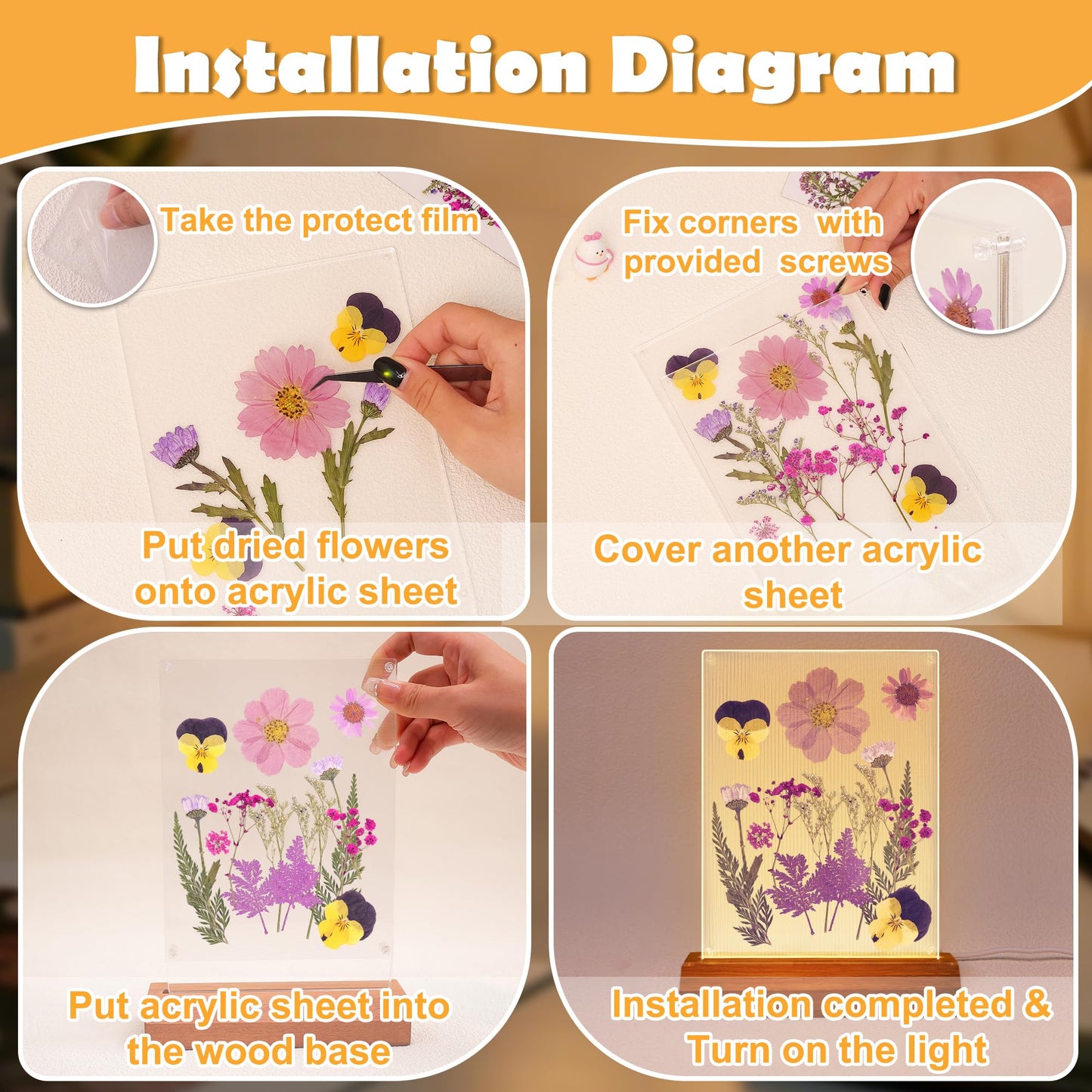 Okayera Dry Flower Frame Night Light, Bedroom DIY Pressed Flowers Kits Lamp With Sapele Wood Base, Home Living Room Decoration Gifts Idea For Mother Friend Lover