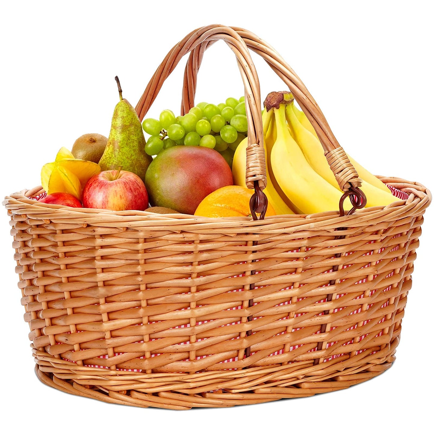 TwentyNext Wicker Picnic Basket with Double Folding Handles, Natural Large Willow Hamper Empty Basket Cheap Easter Eggs Candy Storage Wine Basket for Toy, Flower, Wedding(Red 16inch)