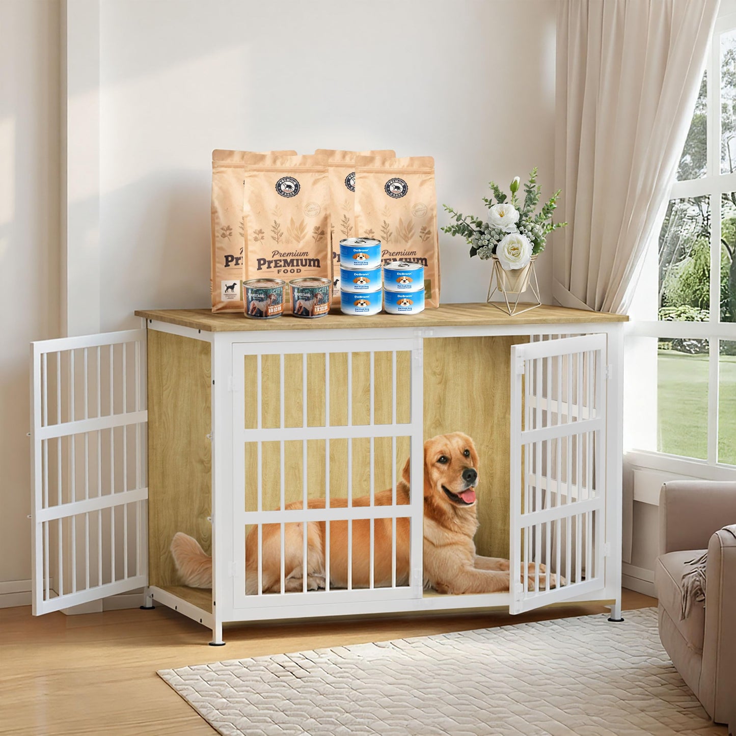 CABZOON 46'' Dog Crate Furniture Large Breed Dog Crate Dog Kennels for Inside Wooden Dog Crates End Table Heavy Duty Indoor Combination Cage for Medium to Large Dogs Oak