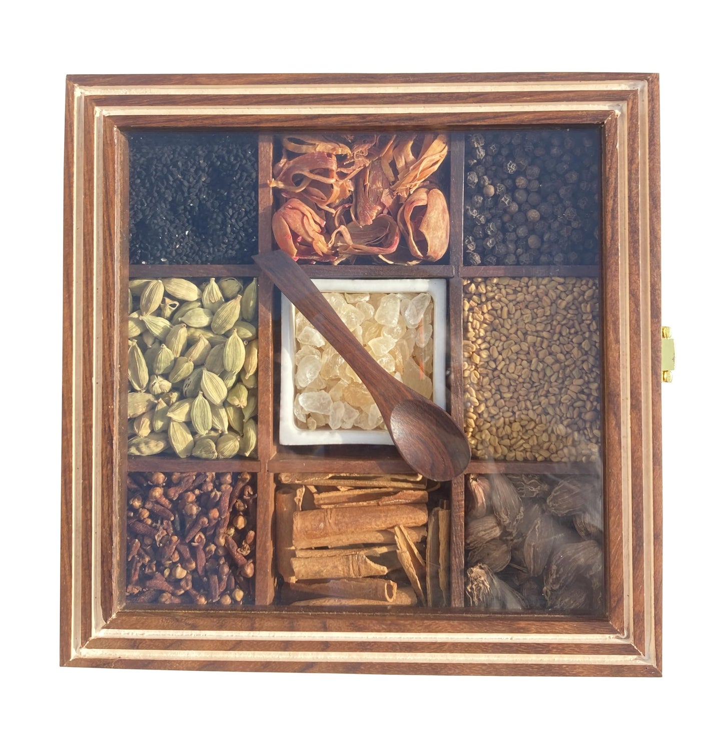AB Handicrafts Premium Wooden Spice Box with Glass Lid – 9 Compartment Masala Organizer for Kitchen Countertop Storage