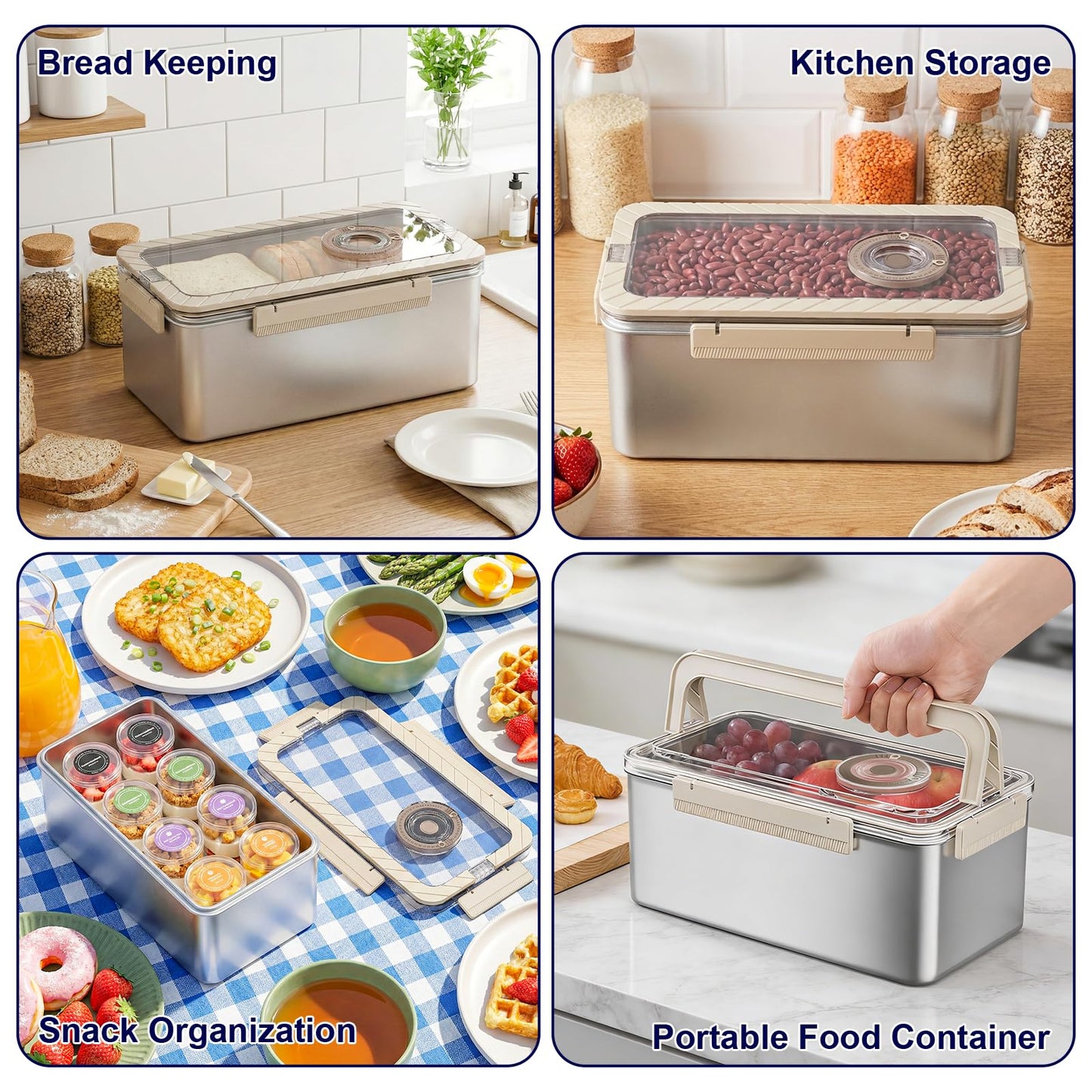 QCQHDU Bread Box, Time Recording 304 Stainless Steel Corner Fresh Bread Box Airtight Keeper Food Storage Container for Kitchen Countertop Homemade Breadbox BPA Free, 5800ML Large Capacity, 1 Pack