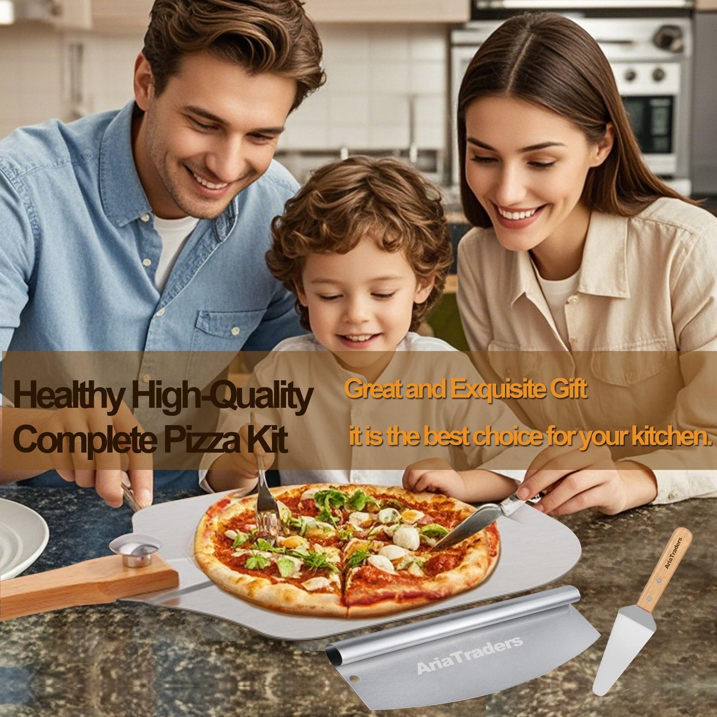 AriaTraders Aluminum Metal Pizza Peel 16 Inch, Extra Large Pizza Paddle (14"X 16") With 14’’ Pizza Cutter Rocker & 10” Pizza Server, Pizza Spatula Paddle With Foldable Wooden Handle For Easy Storage