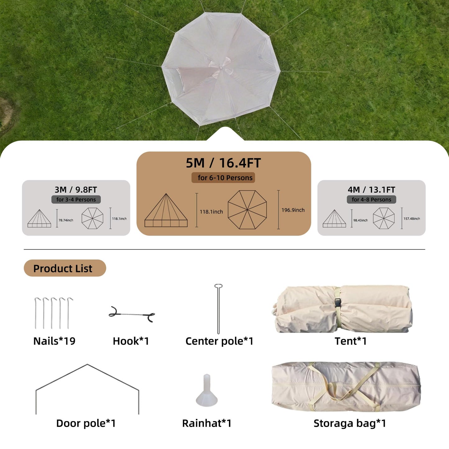 KEIKI 4 Season Canvas Bell Tent 16.4 FT Waterproof All Weather Glamping Yurt Tent, Luxury Hot Tent Stove Jack, Breathable Spacious Family Camping Teepee for 8 People Outdoor Hunting Party Event Green