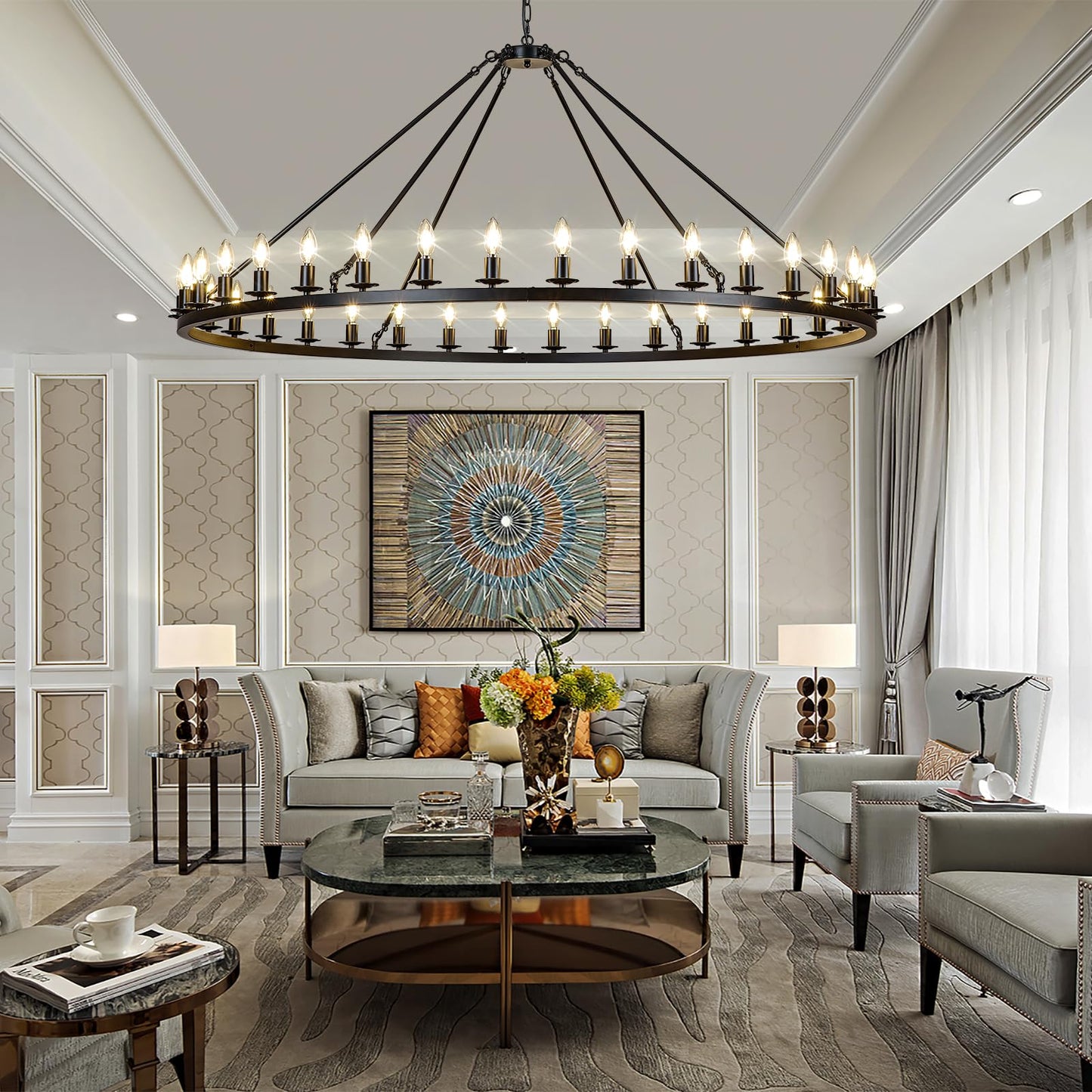 HermnJakk Black Wagon Wheel Chandelier 60-Inch 36-Light,Extra Large Round Rustic Farmhouse Chandelier Metal Circle Chandeliers for Dining Room Living Room High Ceilings