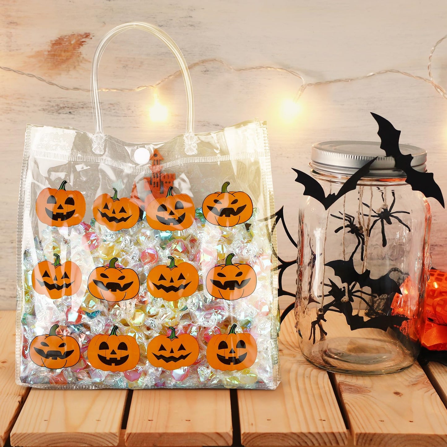 Kosiz 24 Pcs Halloween Clear Gift Bags Pumpkin Goodie Bag Halloween Party Favors PVC Treat Bags Bulk with Handle for Candy, Autumn Thanksgiving Party Supplies
