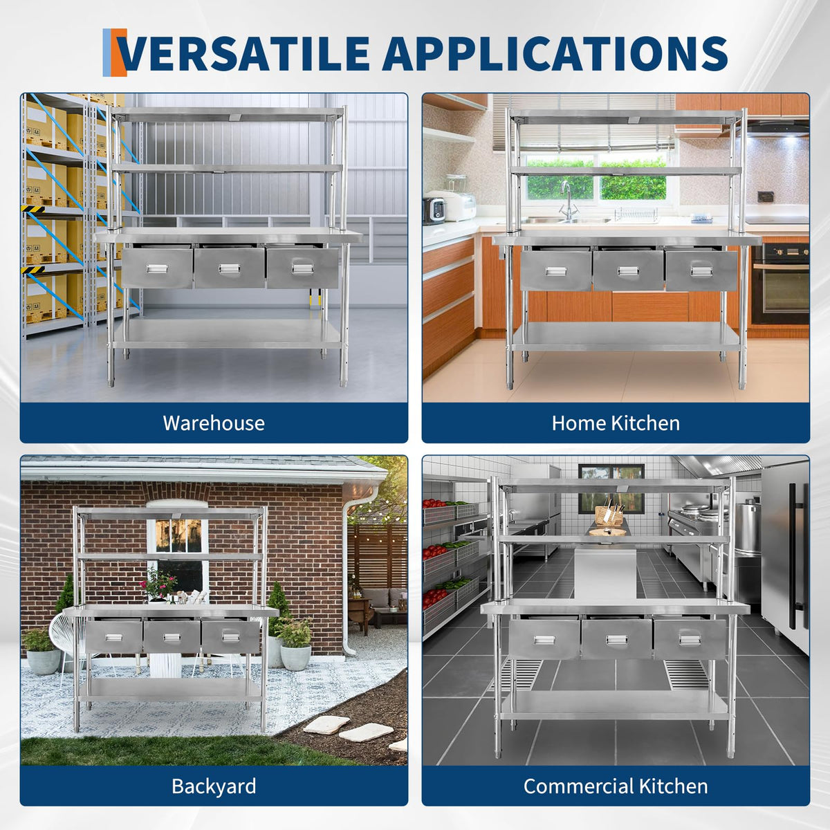 Stainless Steel Table with Overshelves & Drawers, 60" X 24" Commercial Work Tables with 60" X 30" Shelf & 3 Drawers, Metal Kitchen Prep Table with Paper Towel Holder for Home Restaurant Garage