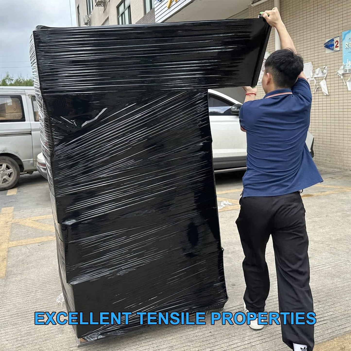 Black Pallet Wrap Stretch Film: 4 Pack Moving Wrapping Plastic Roll with 2 Handles, 18" Strength up to 800%, 80 Gauge Thick Shrink Wrap Roll for Pallet Packaging, Transportation, Stability, Protection