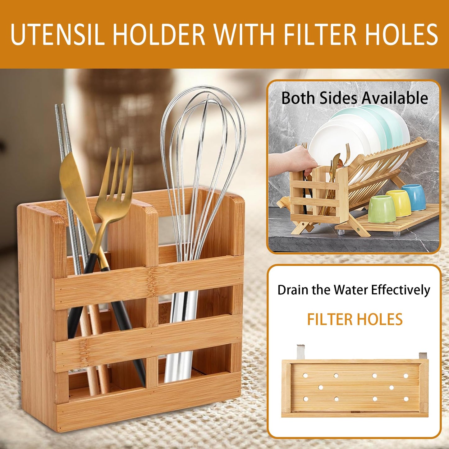 KAEASOUS Foldable Bamboo Dish Rack, 3-Tier Wooden Dish Drainer & Utensil Holder for Kitchen - Large Countertop Drying Rack for Dishes and Plates, Natural Compact Storage