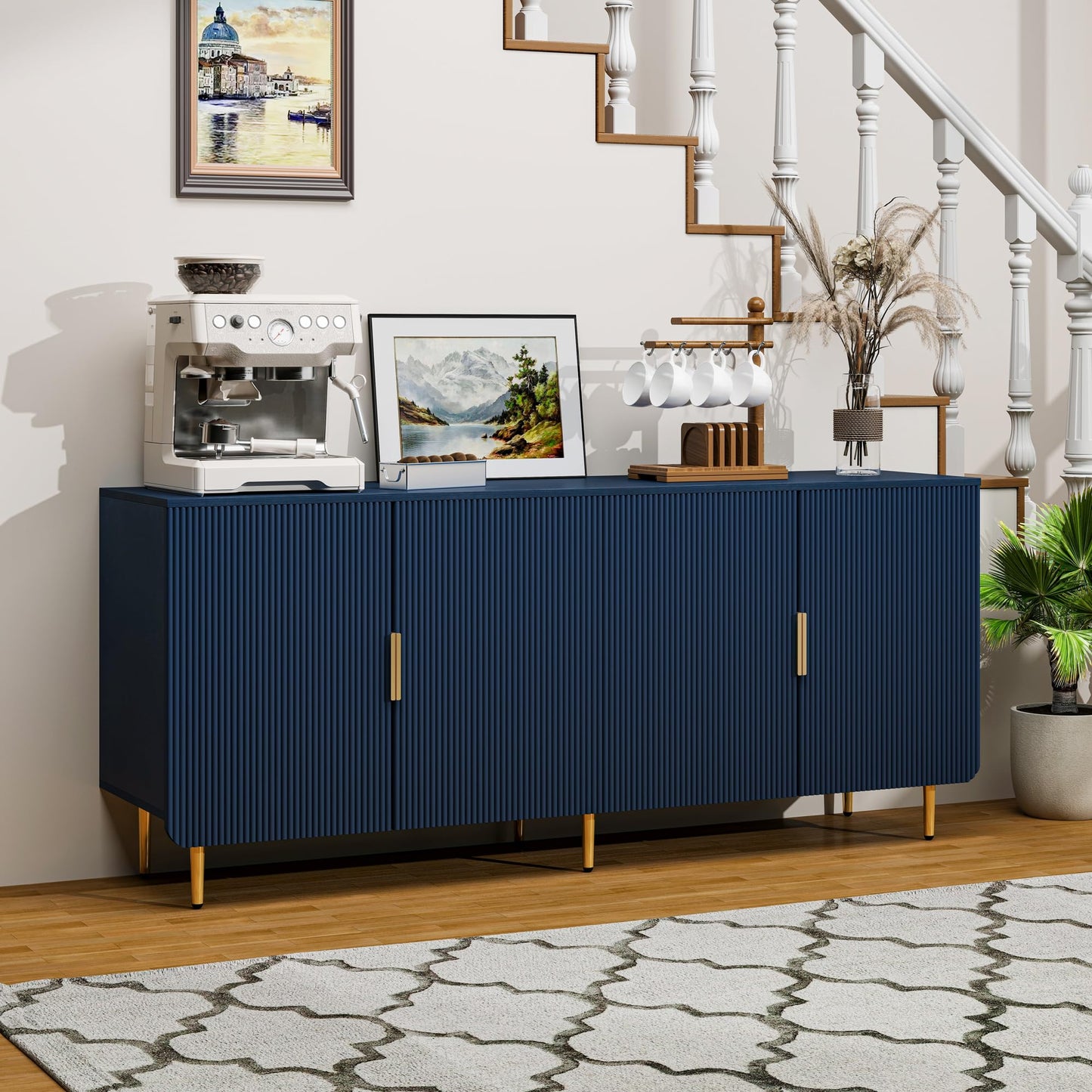 Tantmis 65" Fluted Sideboard Buffet Cabinet with Storage, Console Cabinet with 4 Doors & Adjustable Shelves, Modern Buffet Table for Kitchen Dining Living Room Hallway Entryway, Blue