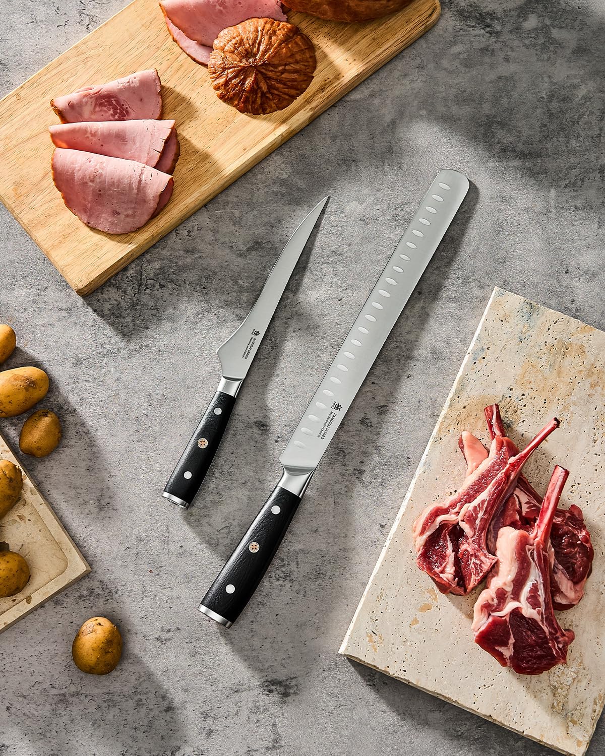 KYOKU 2pc Kitchen Knife Set, Samurai Series 6.5" Boning Knife & 12" Slicing Knife Set, High Carbon Steel Japanese Style Knives with Pakkawood Handle Sheath for Meat Fruit Vegetable Dicing Carving