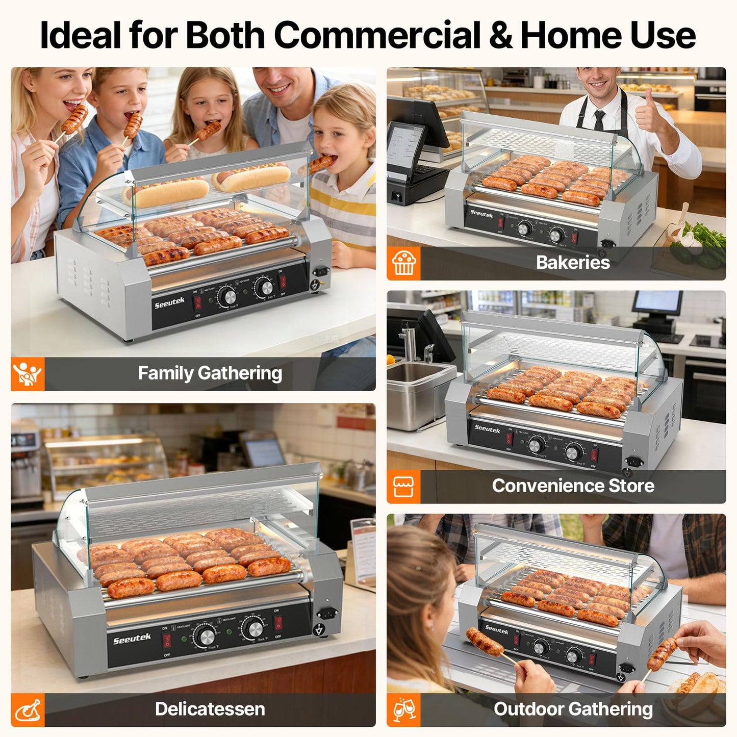 Seeutek Hot Dog Roller 7 Rollers 24 Hot Dogs Capacity 1100W Stainless Hot Dog Toaster With LED Light, Hot Dog Machine W/Dual Temp Control Glass Hood Acrylic Cover Warmer Shelf Removable Oil Drip Tray