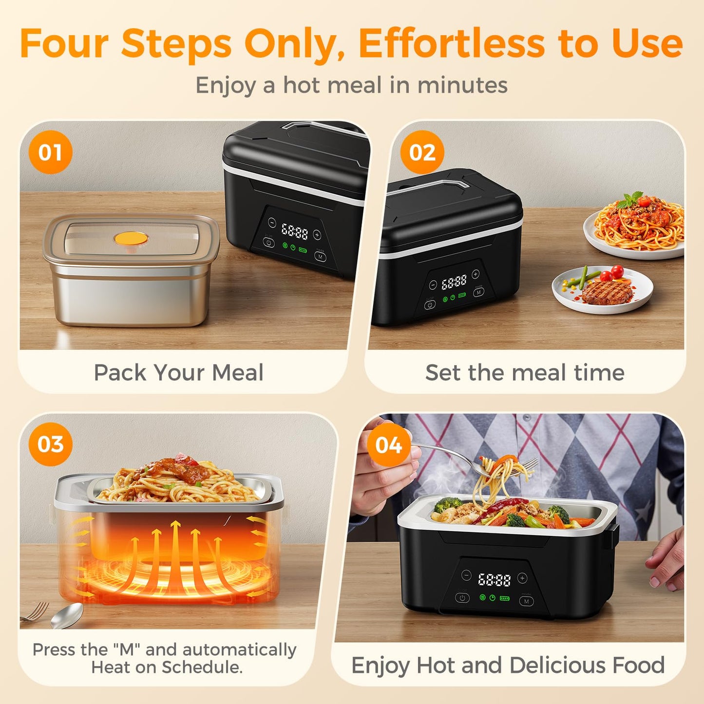 QUESSA ππππ ππ©π π«ππππ Cordless Heated Lunch Box, 6 Cups Rechargeable Electric Lunch Box with Ice Crystal Box & Insulated Bag, 24 Hours Scheduled Self Heating Food Warmer for Men Women