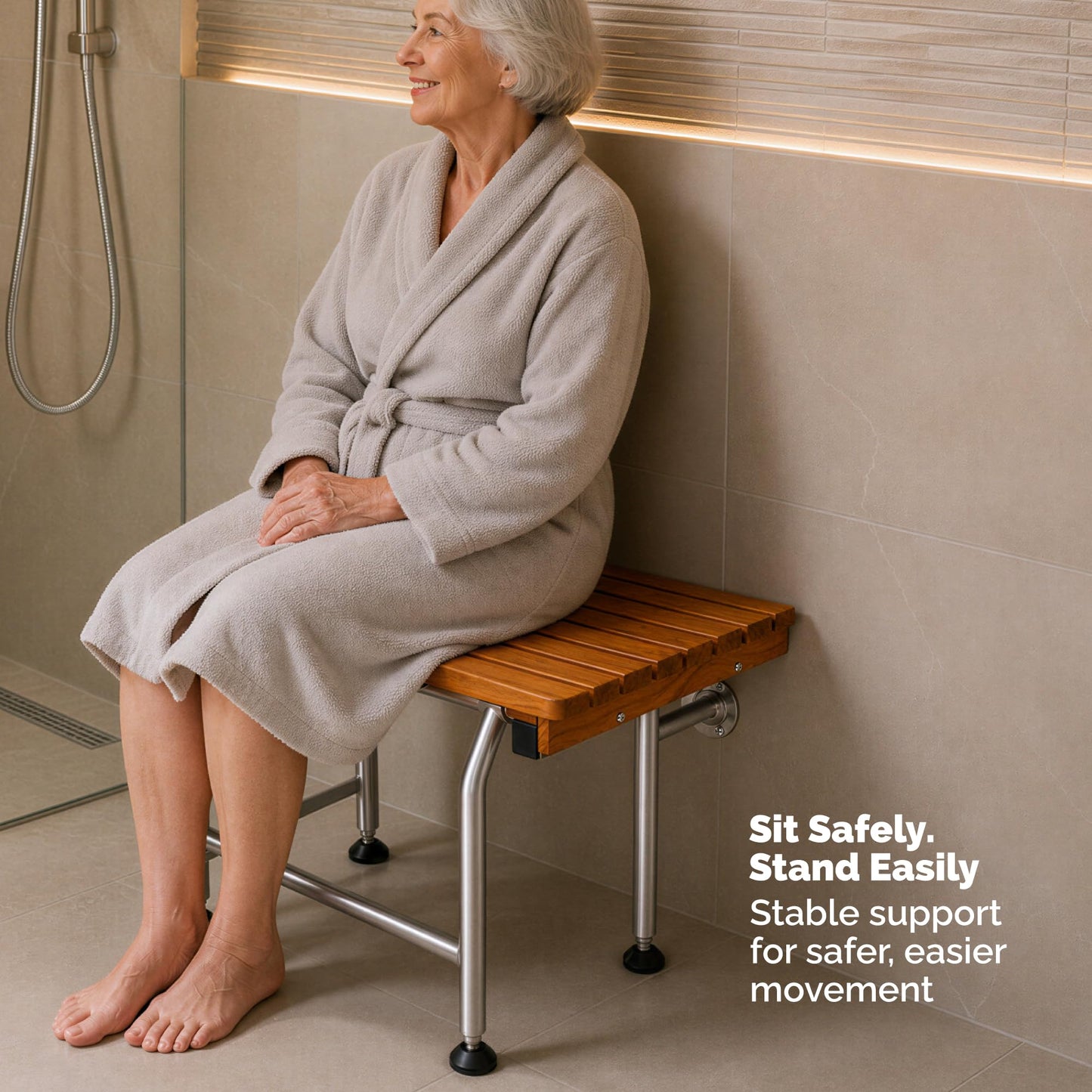 Teak Shower Seat Bench with Drop Down Legs – ADA Compliant Folding Teak Shower Bench, Wall Mounted Fold Up Bath Seat, 400 lb Capacity, Waterproof Teak Wood (24 Inches)