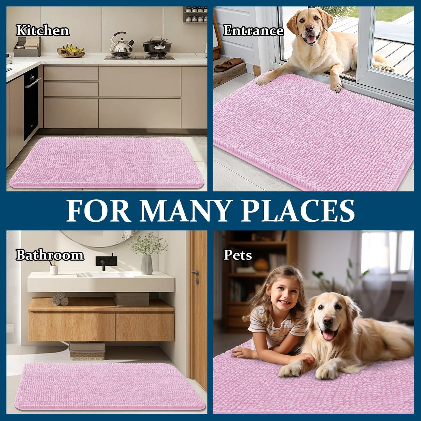 OLANLY Dog Door Mat - Absorbent Non-Slip Washable Chenille Mat for Muddy Paws | 48x30, Pink