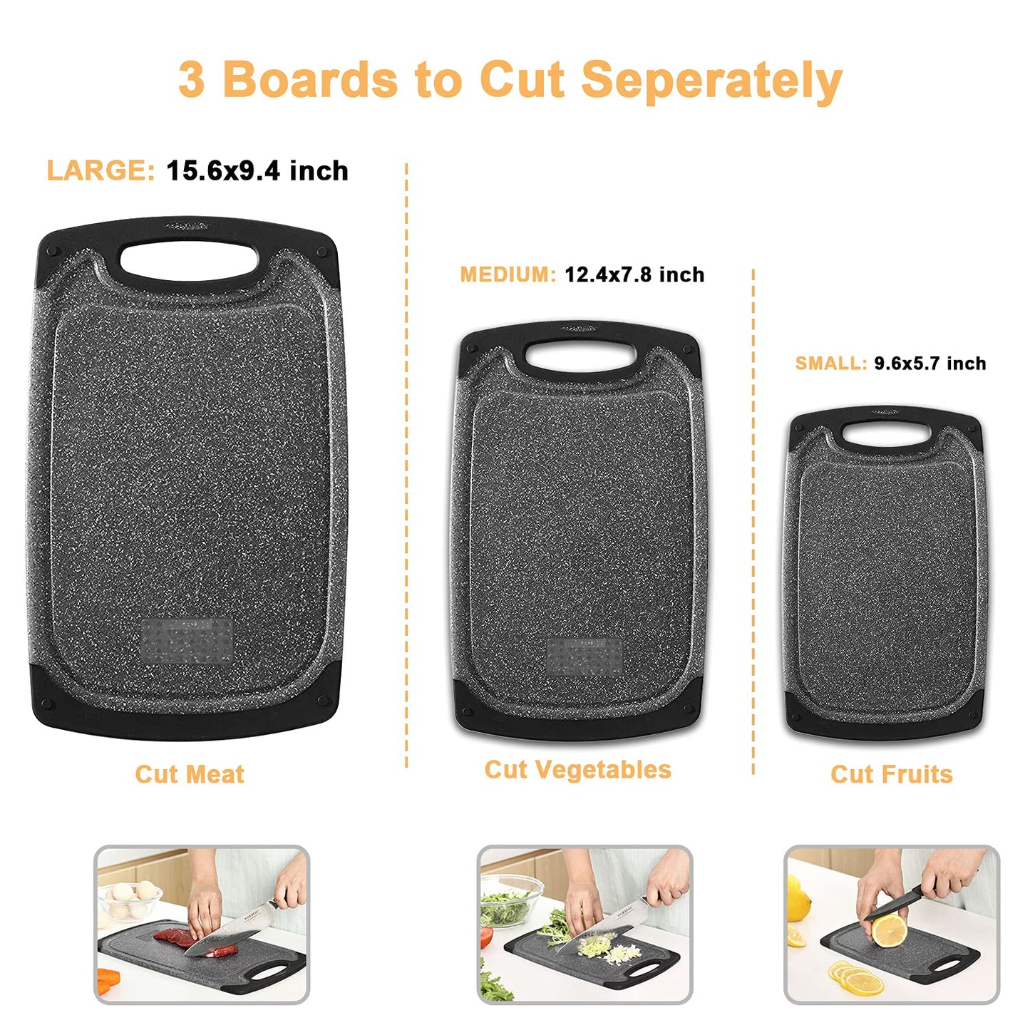 Viretang Plastic Cutting Boards Set of 3 Extra Large for Kitchen, Thick Chopping Board with Deep Juice Grooves, Non‑Slip Feet, Easy Grip Handle, BPA Free, Dishwasher Safe,Black