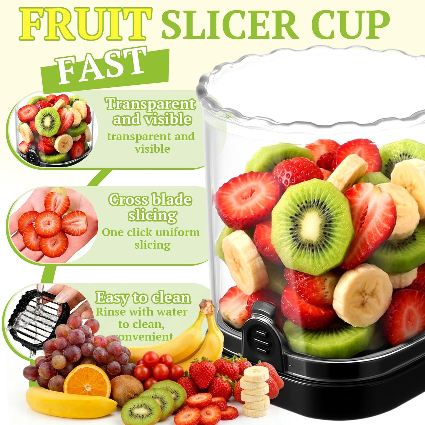 Hendiy Strawberry Slicer with Stainless Blades | Egg & Fruit Slicer Cup for Banana, Cucumber, Mushroom | ABS Detachable Kitchen Gadget - Precision Berry Cutter Tool (Black, 1-Pack)