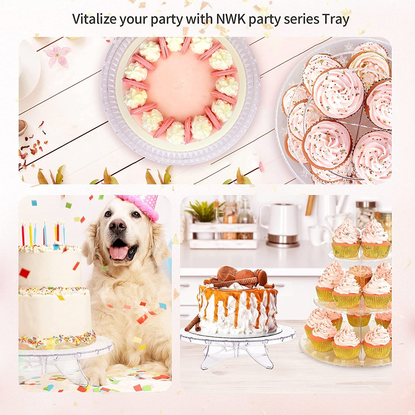 NWK 12inch Lighted Clear Cake Stand Plate Holder with String Lights Fit for 6inch, 8 inch, 10 inch, 12 inch Cakes for Wedding Birthday Cake Decorations