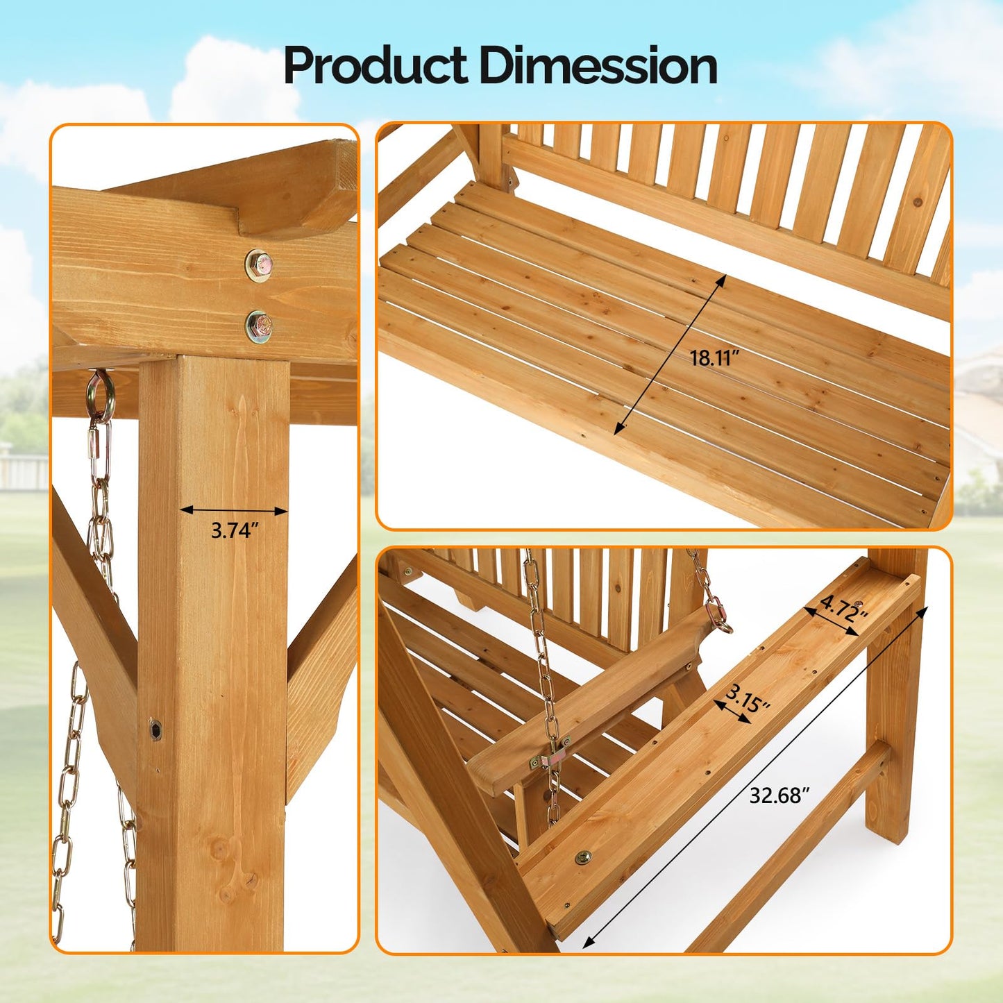 VINGLI 4 FT Heavy Duty Wooden Porch Swing with Stand, Waterproof Patio Swing with Archway-Shaped Swing Set, Outdoor Swing Chair with Frame for Garden, Yard and Patio
