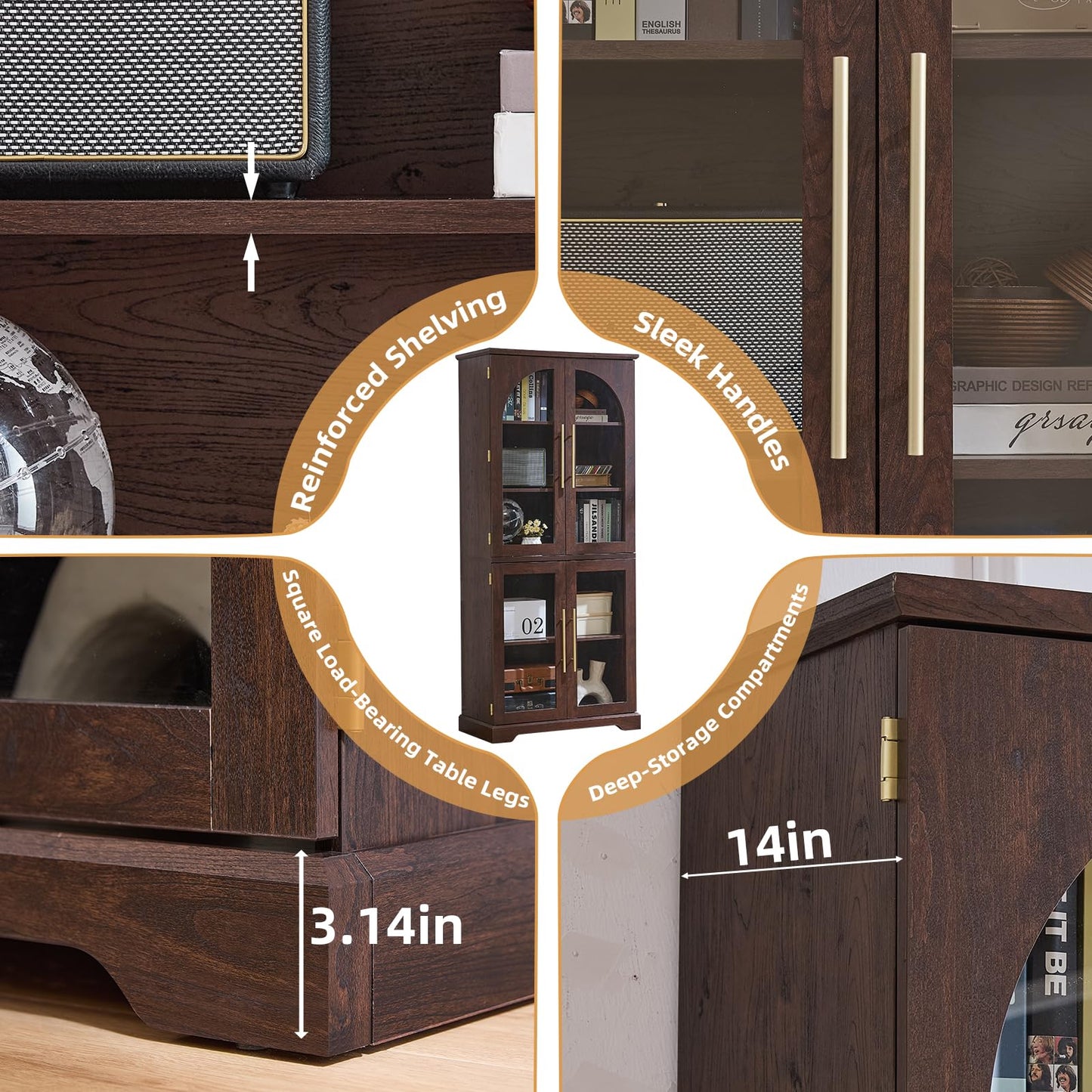 Joaxswe 72" Tall Bookshelf with 4 Curved Glass Doors, Farmhouse Bookcase with 3-Tier Adjustable Shelves, Modern Living Room Display Cabinet, Large Storage Cabinet for Home Office,Dining Room, Walnut