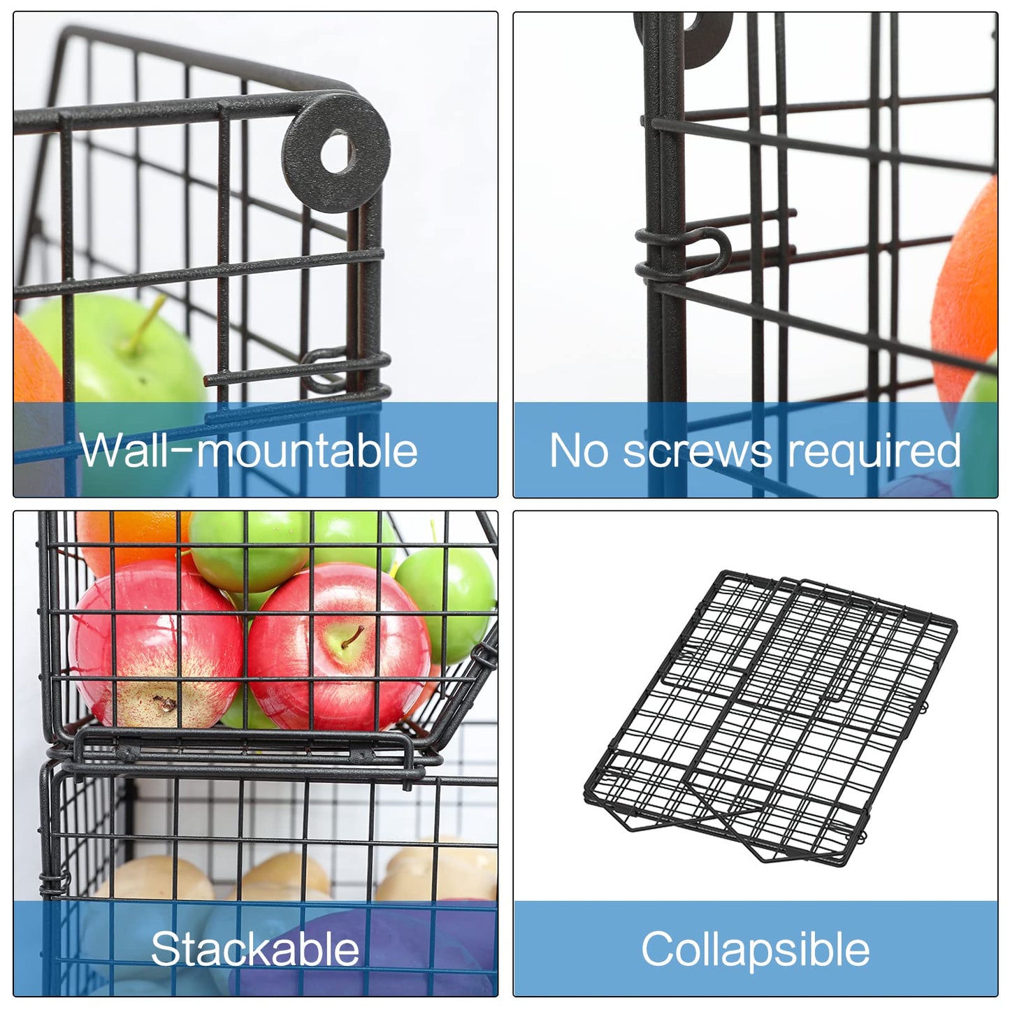 X-cosrack Stackable Wire Baskets for Counter, Fruit and Vegetable Storage, Potato and Onion Storage Bin,Kitchen Pantry Organizer - Wall Basket for Produce/Snack/Can, 3-tier Large, Black