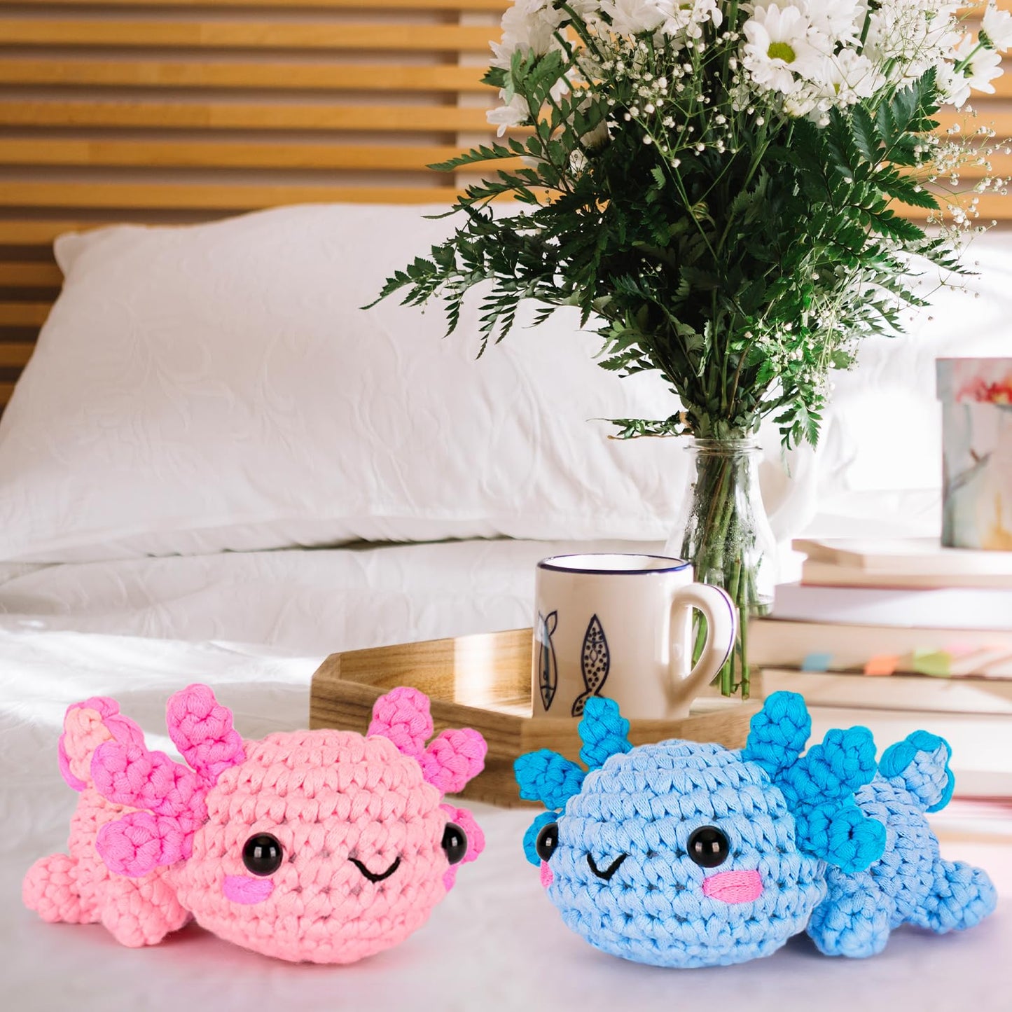 Crochetta Crochet Kit for Beginners, Beginner Crochet Starter Kit w Step-by-Step Video Tutorials, Learn to Crochet Kits for Adults Women Men, DIY Knitting Supplies, Axolotls (Blue and Pink)