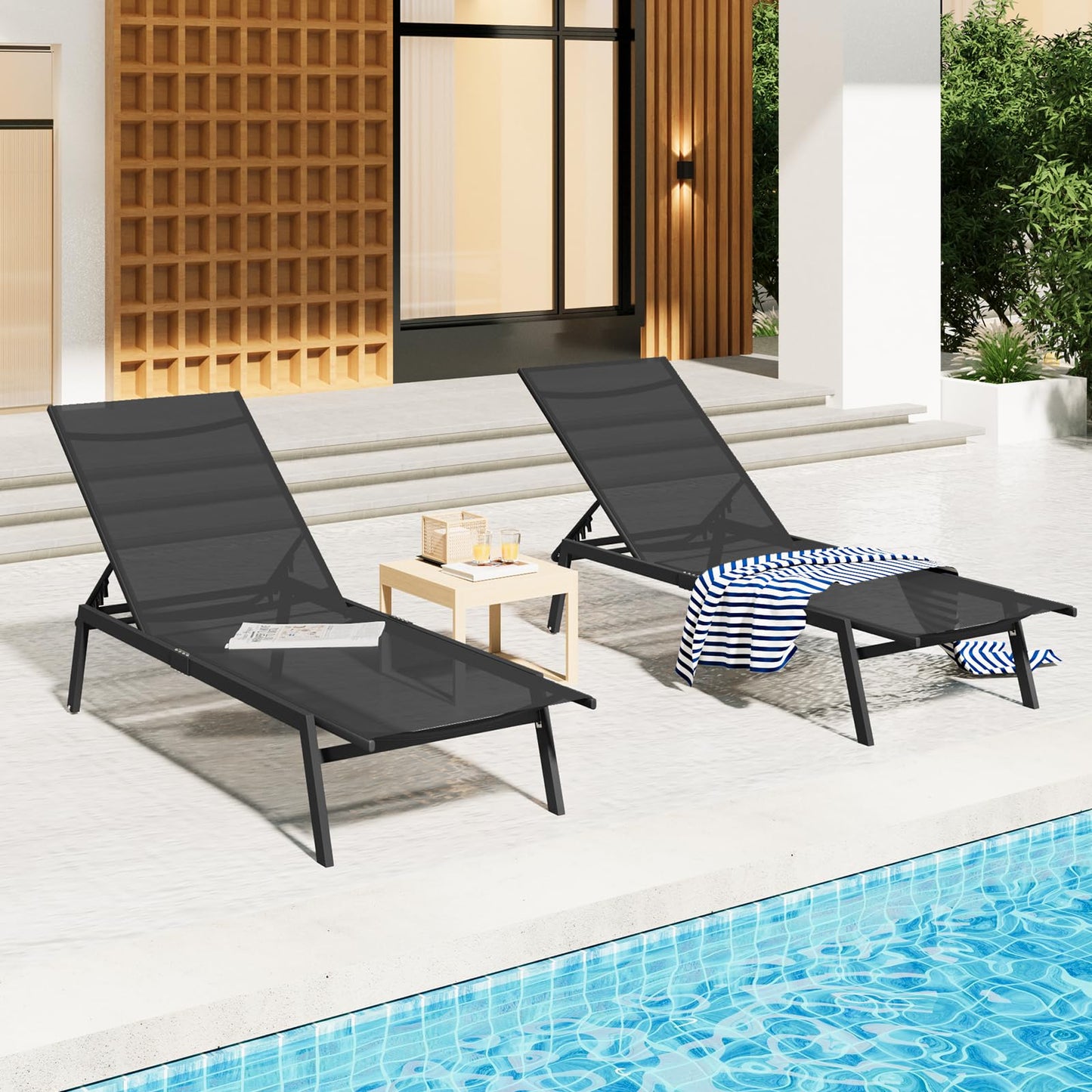 AECOJOY Patio Lounge Chairs for Outside, Adjustable Outdoor Chaise Lounge with Wheels and Adjustable 5-Position Recliner for Pool, Beach, Backyard, Deck, Lawn, Black, 4PCS