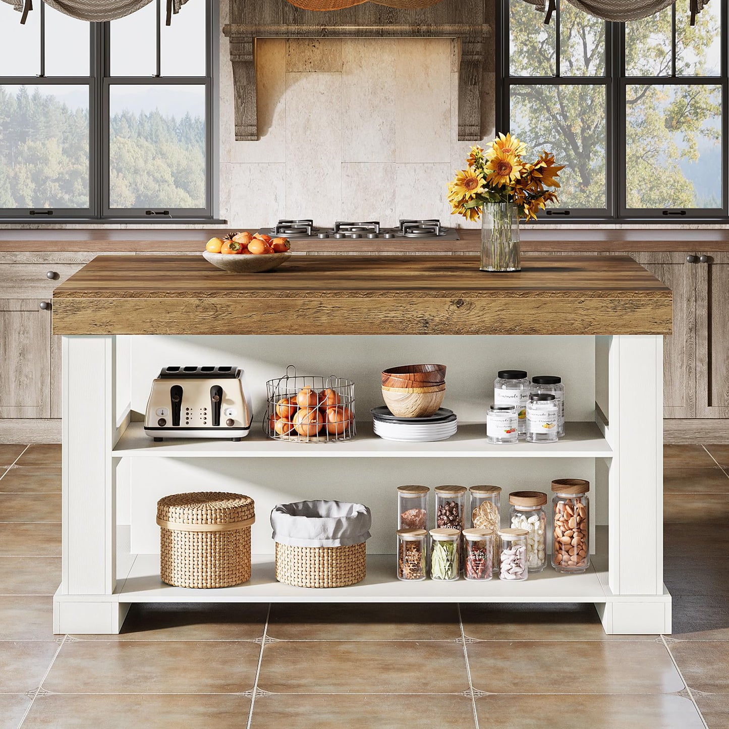 Tribesigns 55" Kitchen Island with Seating and Storage, 3-Tier Farmhouse Wood Stationary Island Table with Large Worktop & Leg Room, Coffee Bar Table with Storage Shelves for Kitchen, White and Brown