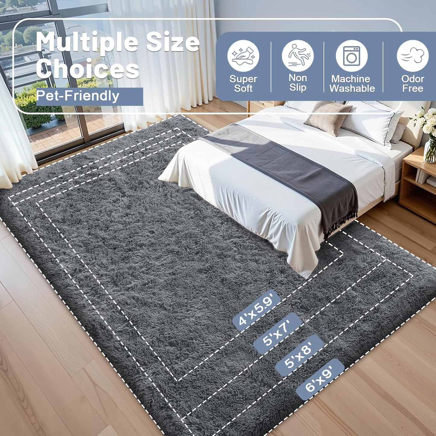OLANLY Area Rug - Soft Fluffy Shaggy Design for Living Room & Bedroom | Machine Washable, Grey