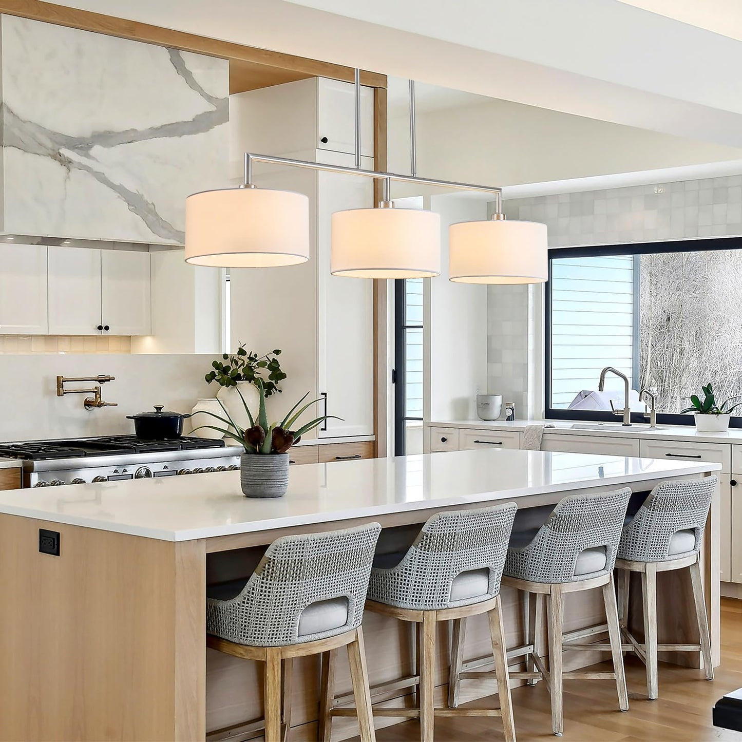 47" Linear Kitchen Island Lighting 3-Light Brushed Nickel Chandelier with White Fabric Drum Shade Adjustable Hanging Pendant Light for Dining Room Light Fixtures Over Table,Kitchen,Bar,Living Room,E26