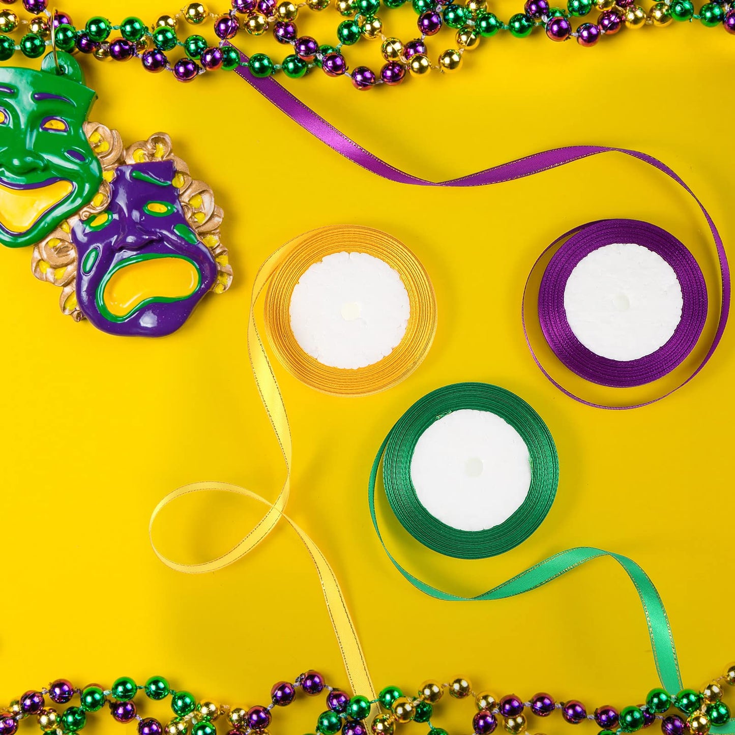 6 Rolls 0.4 Inch Mardi Gras Ribbon Wide Satin 150 Yard Yellow Green Purple Thin Ribbon for Ornaments Metallic Glitter Ornament Festival Wired Fabric for Wrapping Mardi Gras Decor Party Supplies